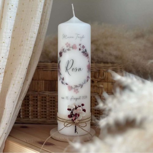 Taufkerze Flowerloop in Bordeaux-Rosa