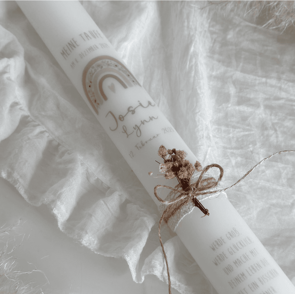 Kommunionkerze schmal mit Regenbogen braun rosa und Trockenblumen