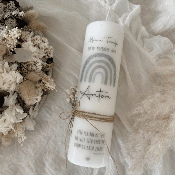 Taufkerze mint Kerze Regenbogen türkis