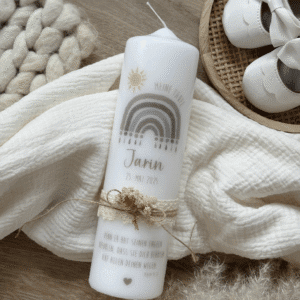 Taufkerze für Junge boho mit Taufspruch Herz und Trockenblumen in beige natürlich schlicht zeitlos