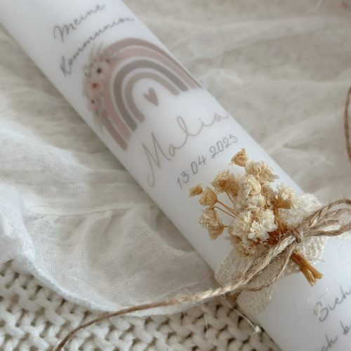 Schmale Taufkerze 40x4cm mit Regenbogen in altosa blush mit Trockenblumen pastell aquarell