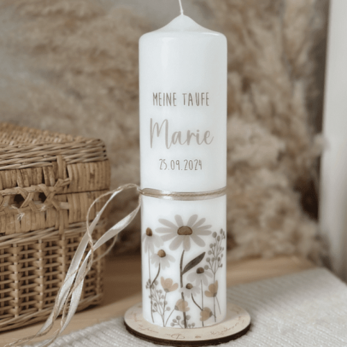 Taufkerze Wildblumen sanftes pastellrosa Schleife