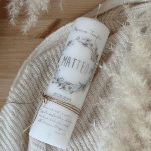 Taufkerze Blumenkranz in beige, blau, senf
