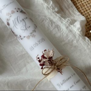 Schmale Taufkerze Kommunionkerze 40x4 mit bordeaux rosa Blumenrkanz