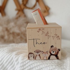Personalisierte Spardose „Waldtiere“ aus Holz – süßes Geschenk für Kinder