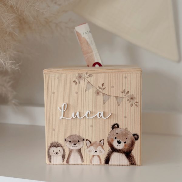 Spardose Waldtiere bedruckt in Naturtöne natürlich Bär Igel Fuchs Wiesel personalisiert mit Name