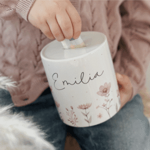 Spardose Zauberwiese mit rosa Blumen für Mädchen als Geschenk