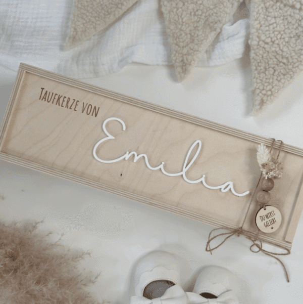 Aufbewahrung Holz personalisiert für Taufkerze