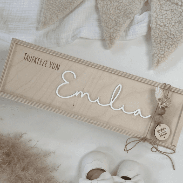 Aufbewahrung Holz personalisiert für Taufkerze
