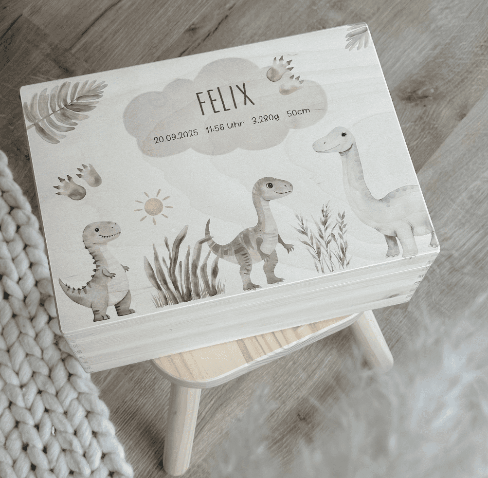 Erinnerungsbox aus Holz personalisierbar mit Dino