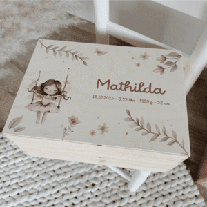 ERinnerungsbox personalisiert mit Name und Geburtsdaten mit zarter pastell Fee und Blumen in rosa