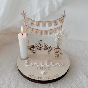 Geburtstagsteller Schmetterling mit Name und Datum aus Holz