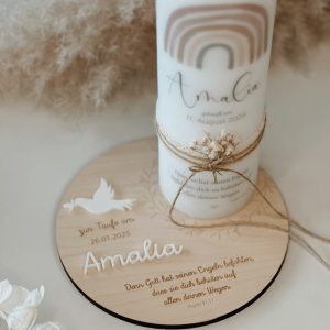 Taufkerzenteller, Taufkerzenuntersetzer personalisiert mit Name und Taufdatum und Taufspruch und Taube