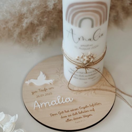 Taufkerzenteller, Taufkerzenuntersetzer personalisiert mit Name und Taufdatum und Taufspruch und Taube