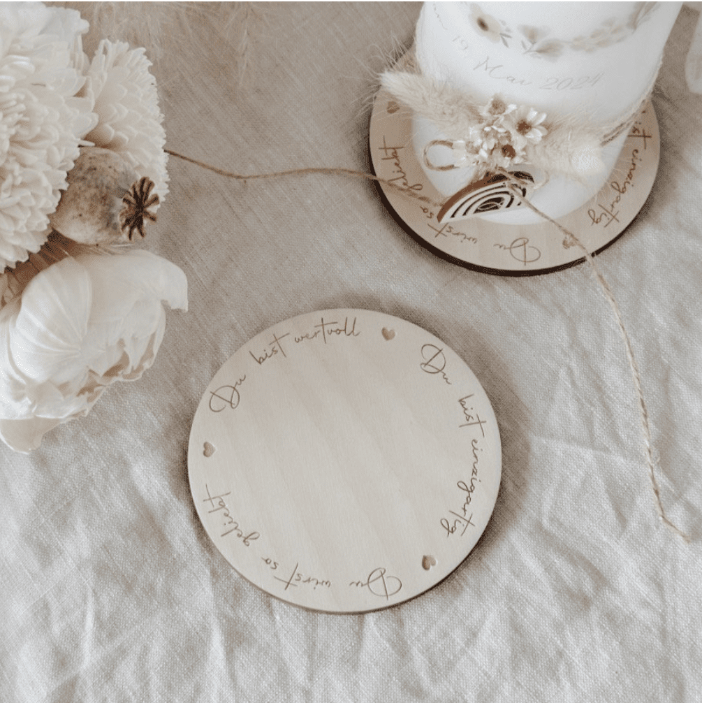 persönllicher Kerzenuntersetzer mit Affirmation für Taufkerze, Kommunionkerze, Geburtstagskerze oder Konfirmation