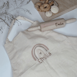 Kinderschürze größenverstellbar mädchen junge regenbogen rosa blau beige