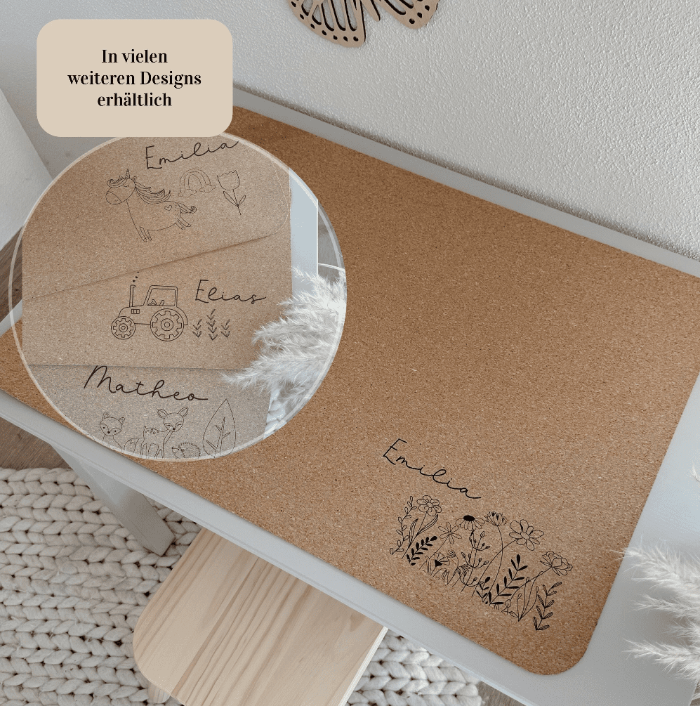 Schreibtischunterlage personalisierbar mit Name und Wunschmotiv (Einhorn ,Traktor, Blumenwiese, Waldtiere)