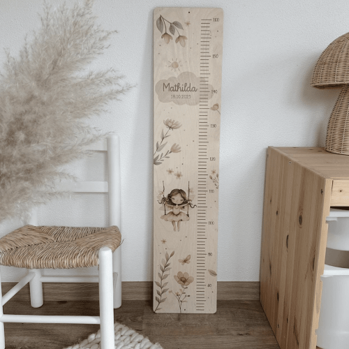 Personalisierbare Messlatte mit Name und Geburtsdaten mit Fee und Blumen in aquarell pastell rosa für Mädchen, Geschenkidee