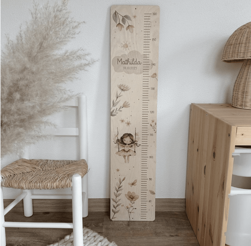 Personalisierbare Messlatte mit Name und Geburtsdaten mit Fee und Blumen in aquarell pastell rosa für Mädchen, Geschenkidee