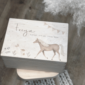 Erinnerungsbox Erinnerungskiste Pferd Blumen Schmetterling aquarell pastell Girlande GEshcenk zur Geburt Babygeschenk
