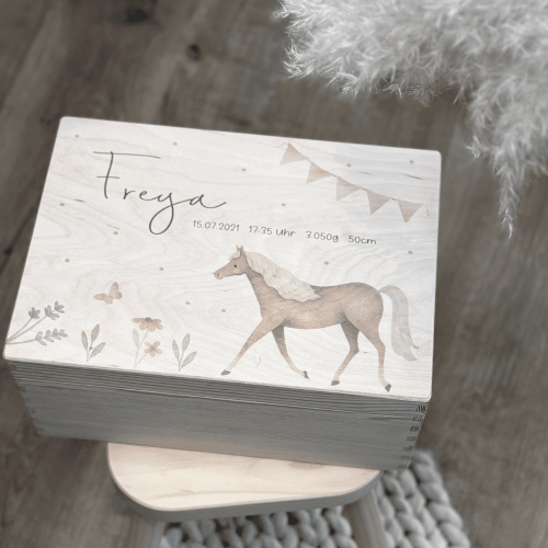 Erinnerungsbox Erinnerungskiste Pferd Blumen Schmetterling aquarell pastell Girlande GEshcenk zur Geburt Babygeschenk