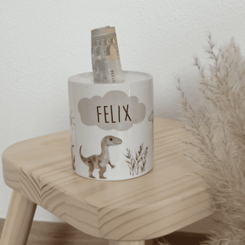 Spardose Sparschwein personalisiert mit Name und Dinosauriern