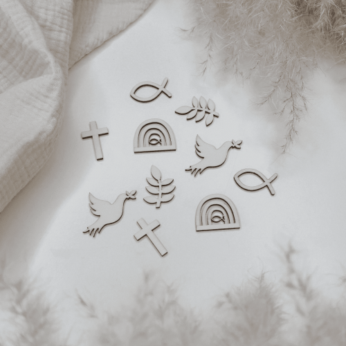 Streudeko Holz natürliche Tischdeko Taufe Holz, Kreuz Zweig, Fisch (Ichthys). Regenbogen, Taube