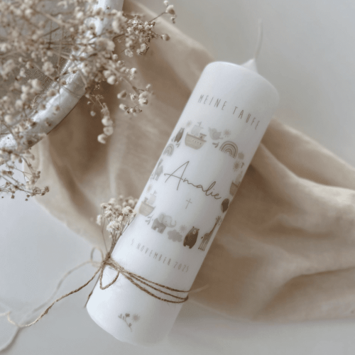 Taufkerze in beige Arche Noah Taufspruch