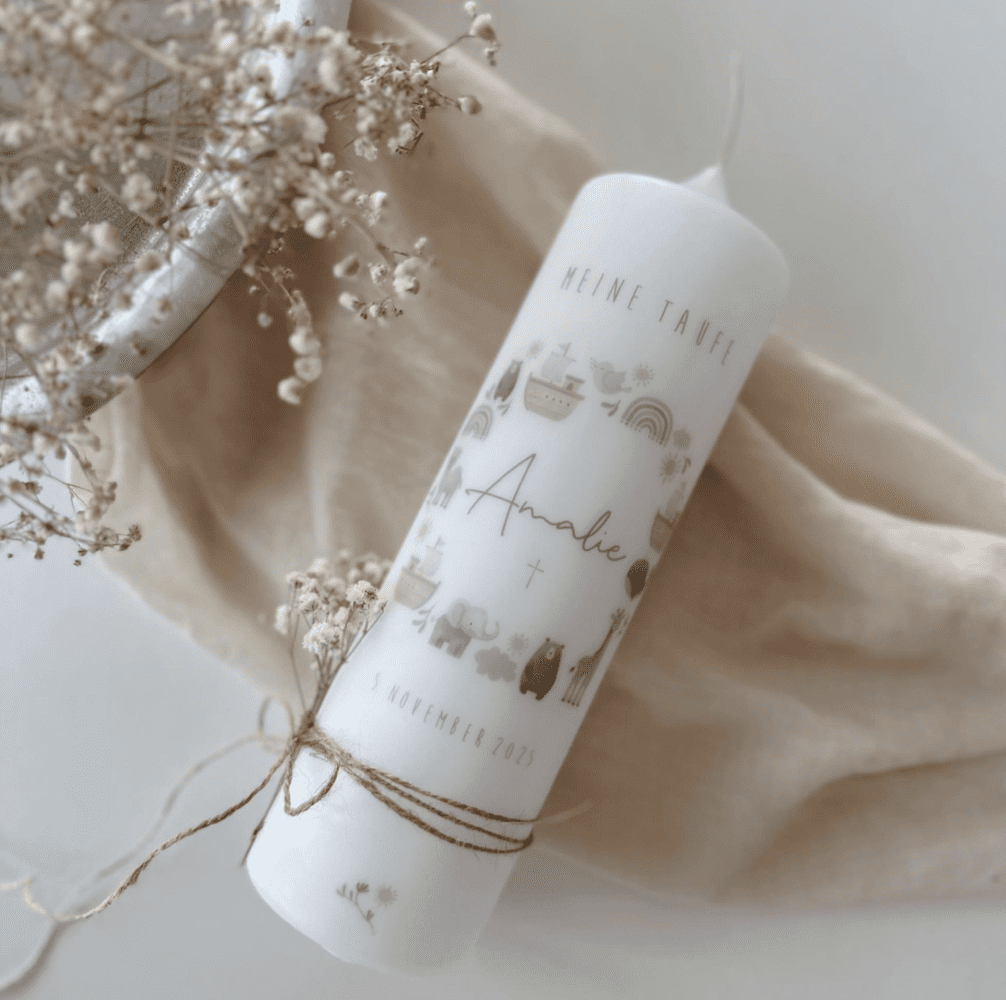 Taufkerze in beige Arche Noah Taufspruch