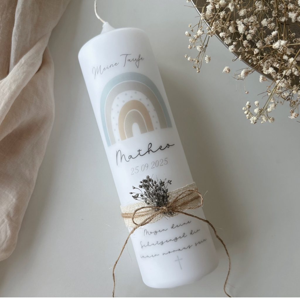 Taufkerze blauer Regenbogen pastell