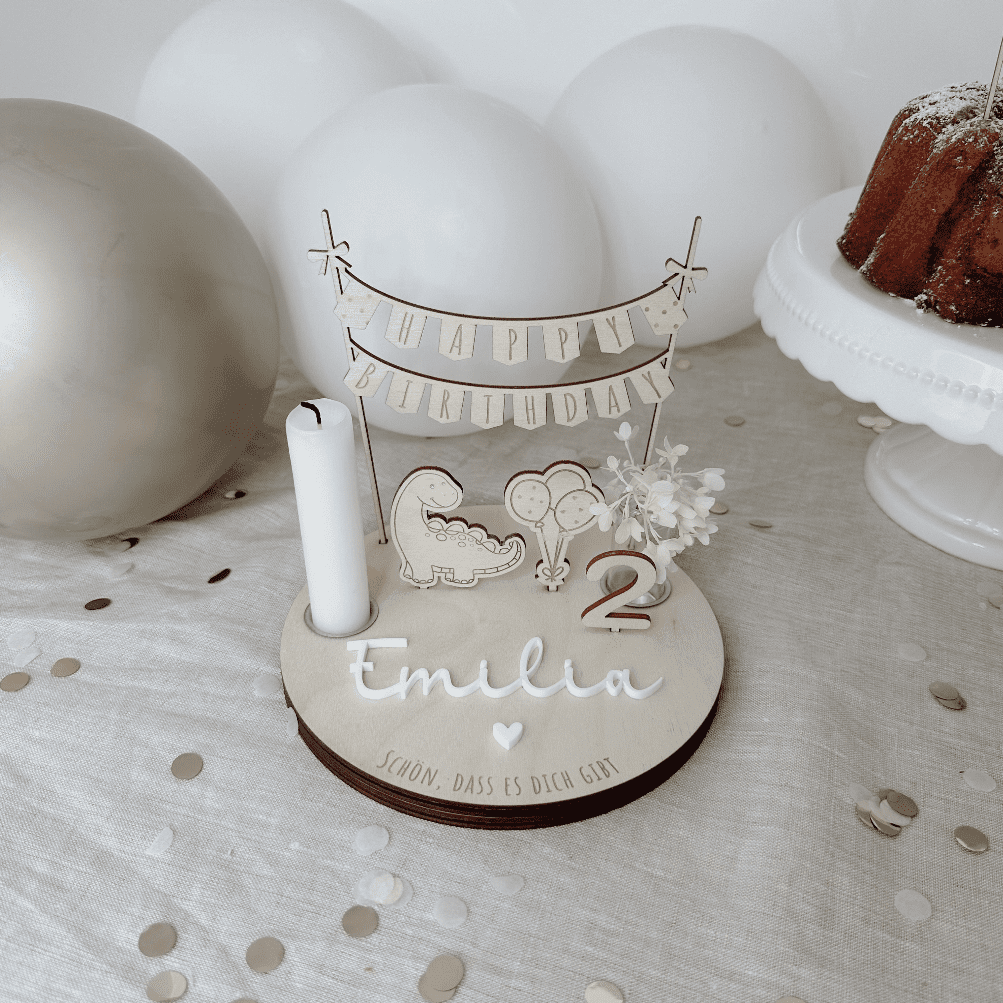 Geburtstagsteller personalisiert mit Name und Geburtsdatum und Dino Luftballons Zahl variabel
