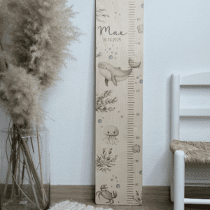 Kindermesslatte mit Name personalisierbar Holz Unterwasserwelt Meeresbewohner Meerestiere neutral schlicht für Junge und MÄdchen
