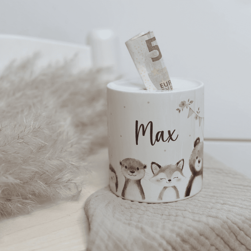 KEramik Spardose personalisiert mit Waldtier personalisiert Name schlicht