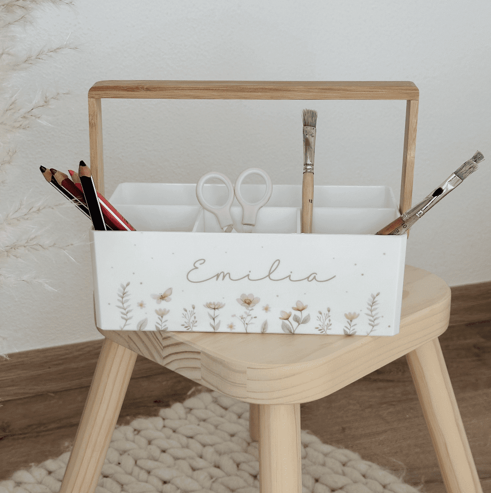 Schreibtischorganizer, Stiftebox mit Griff, Aufbewahrung für stifte und Bastelzeug personalisiert rosa Blumen