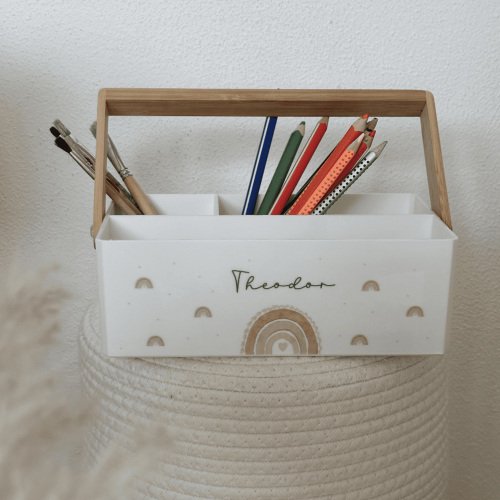 Stiftbox neutral boho Regenbogen mit Name