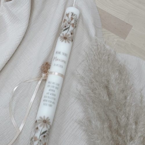 Taufkerze, Kommunionkerze Blumenwiese für Mädchen in 40x4 schmal mit Blumen in pastell rosa Senf grün zartrosa altrosa hellrosa zartrosa