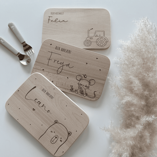 Vesperbrett, Frühstücksbrett, Brotzeitbrett personalisiert mit Name Traktor, Bär oder Maus Babygeschenk Geschenk zur Geburt Geschenk zur Taufe