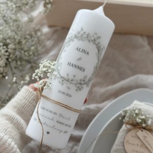 Hochzeitskerze "Pure Love" mit grünem Schleierkraut Motiv