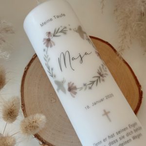 taufkerze Kommunionkerze Konfirmationkerze flieder altrose mit Taube und Kreuz