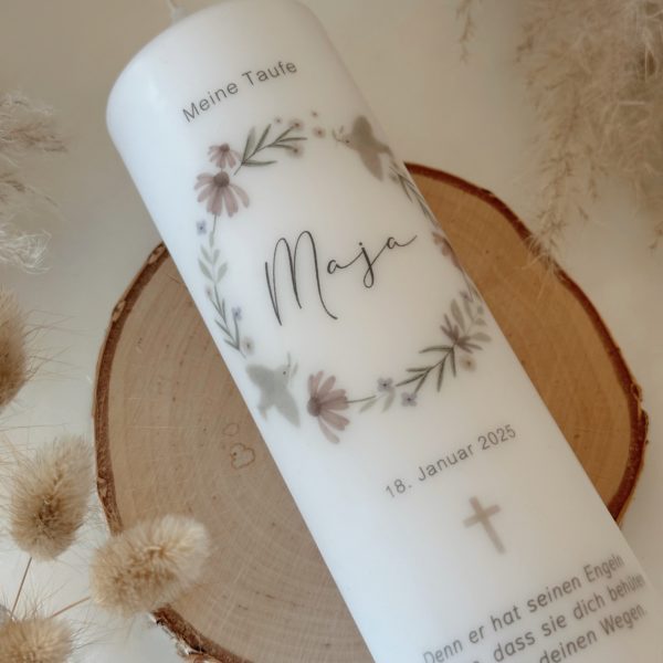 taufkerze Kommunionkerze Konfirmationkerze flieder altrose mit Taube und Kreuz