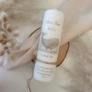 Taufkerze neutral klassisch modern mit Wal pastell aquarell für Junge und Mädchen