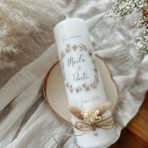 Hochzeitskerze "Beige love" mit natürlichen Trockenblumen, modern, schlicht und edel