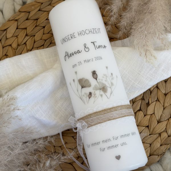 Hochzeitskerze "Wildblumenliebe" mit natürlichen Trockenblumen, modern, schlicht und edel