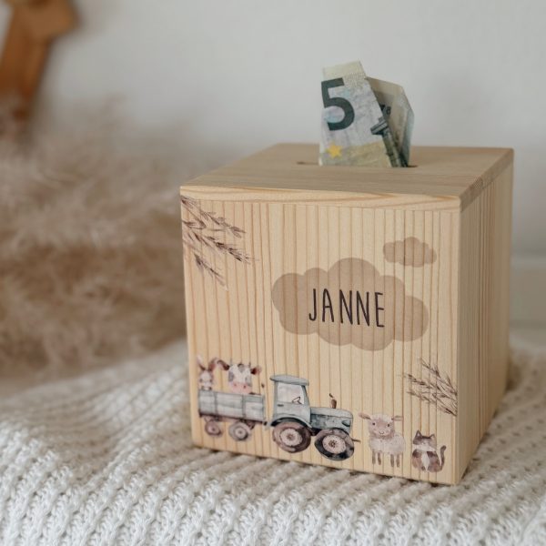 Personalisierte Spardose „Bauernhof“ aus Holz – süßes Geschenk für Kinder
