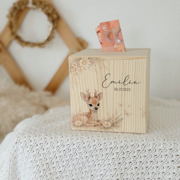 Personalisierte Spardose „Rehkitz“ aus Holz – süßes Geschenk für Kinder
