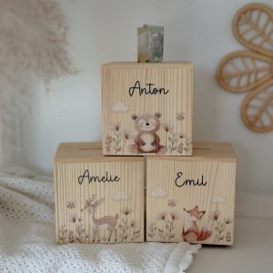 Personalisierte Spardose „Waldfreunde“ aus Holz – 3 Varianten: Fuchs, Bär oder Reh