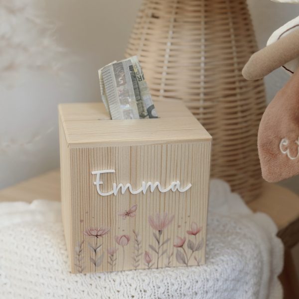 Spardose „Zauberwiese" personalisierbar aus Holz