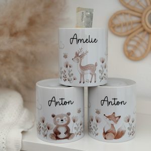 Personalisierte Keramik-Spardose „Waldfreunde" für Kinder - 3 Varianten: Fuchs, Bär oder Reh