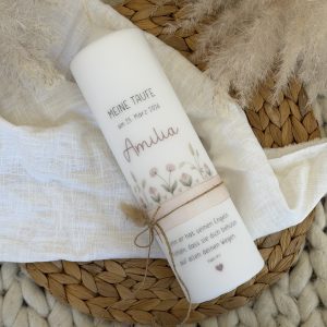 Taufkerze „Blumenzauber“ mit zarten Aquarellblumen in pastellrosa für Mädchen (Kopie)