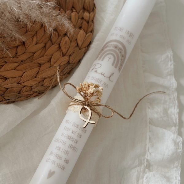 Taufkerze / Kommunionkerze  (40x4cm) "beige Rainbow" mit Trockenblumen und Holzanhänger (Fisch)